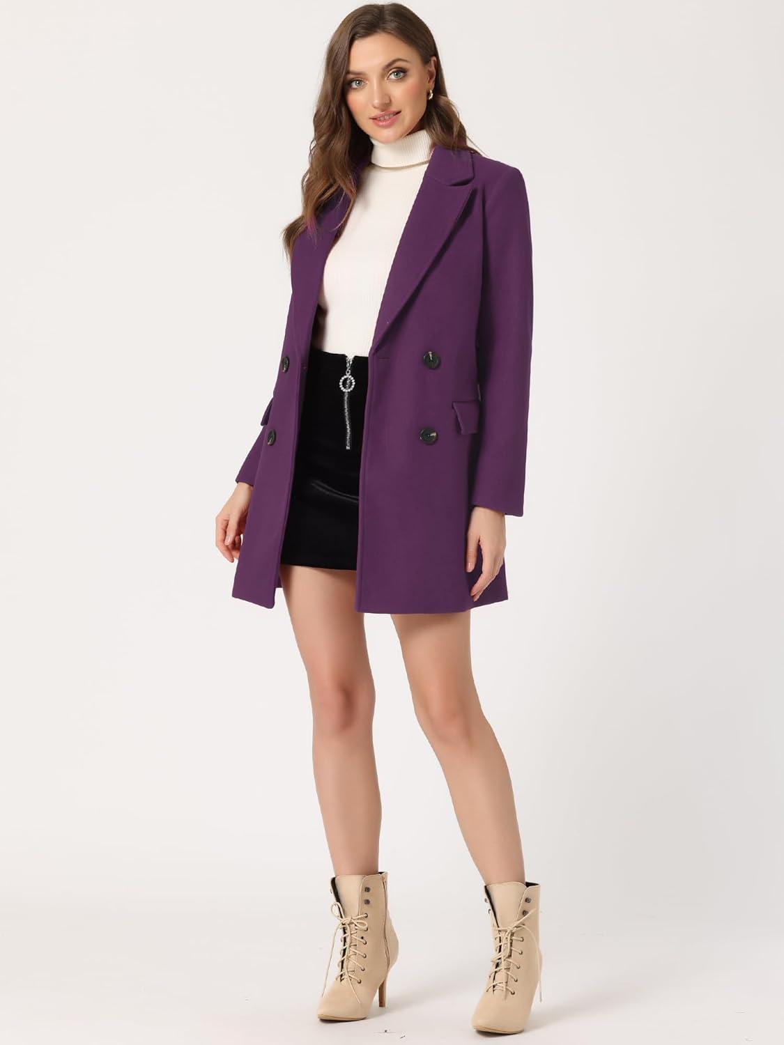 imageAllegra K Womens Notch Lapel Double Breasted Belted Mid Long Outwear Winter CoatDeep Purple