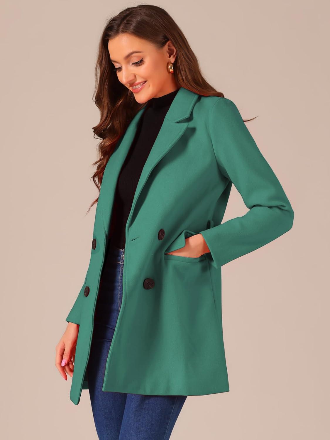imageAllegra K Womens Notch Lapel Double Breasted Belted Mid Long Outwear Winter CoatGreen
