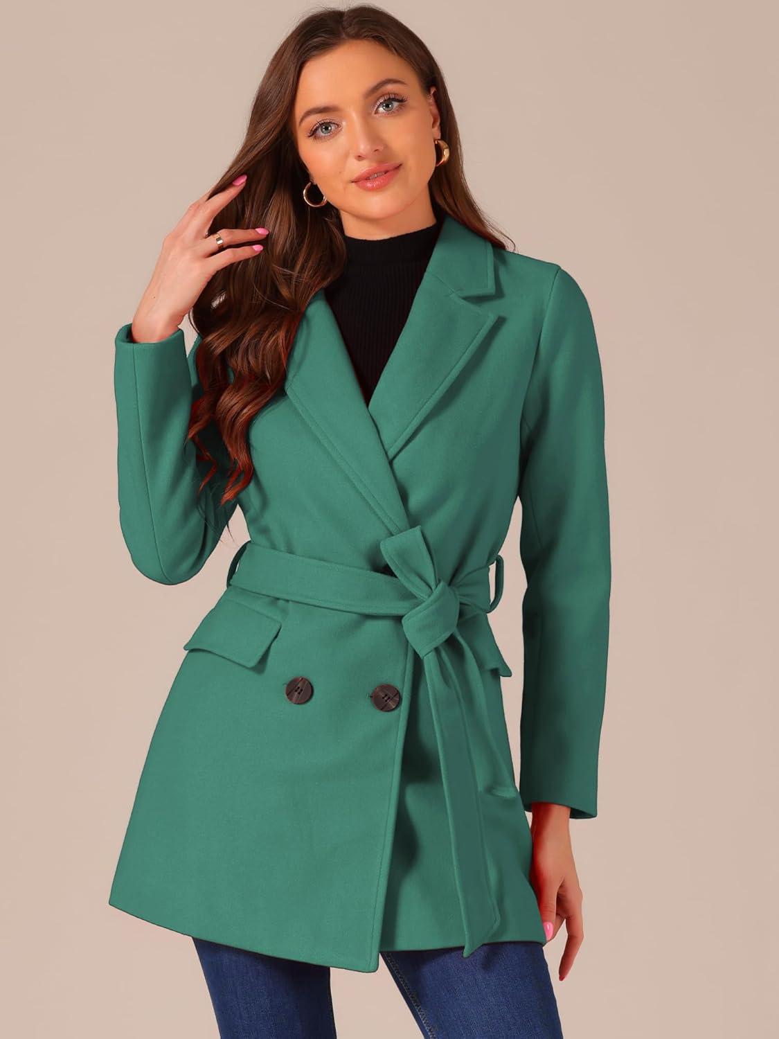 imageAllegra K Womens Notch Lapel Double Breasted Belted Mid Long Outwear Winter CoatGreen