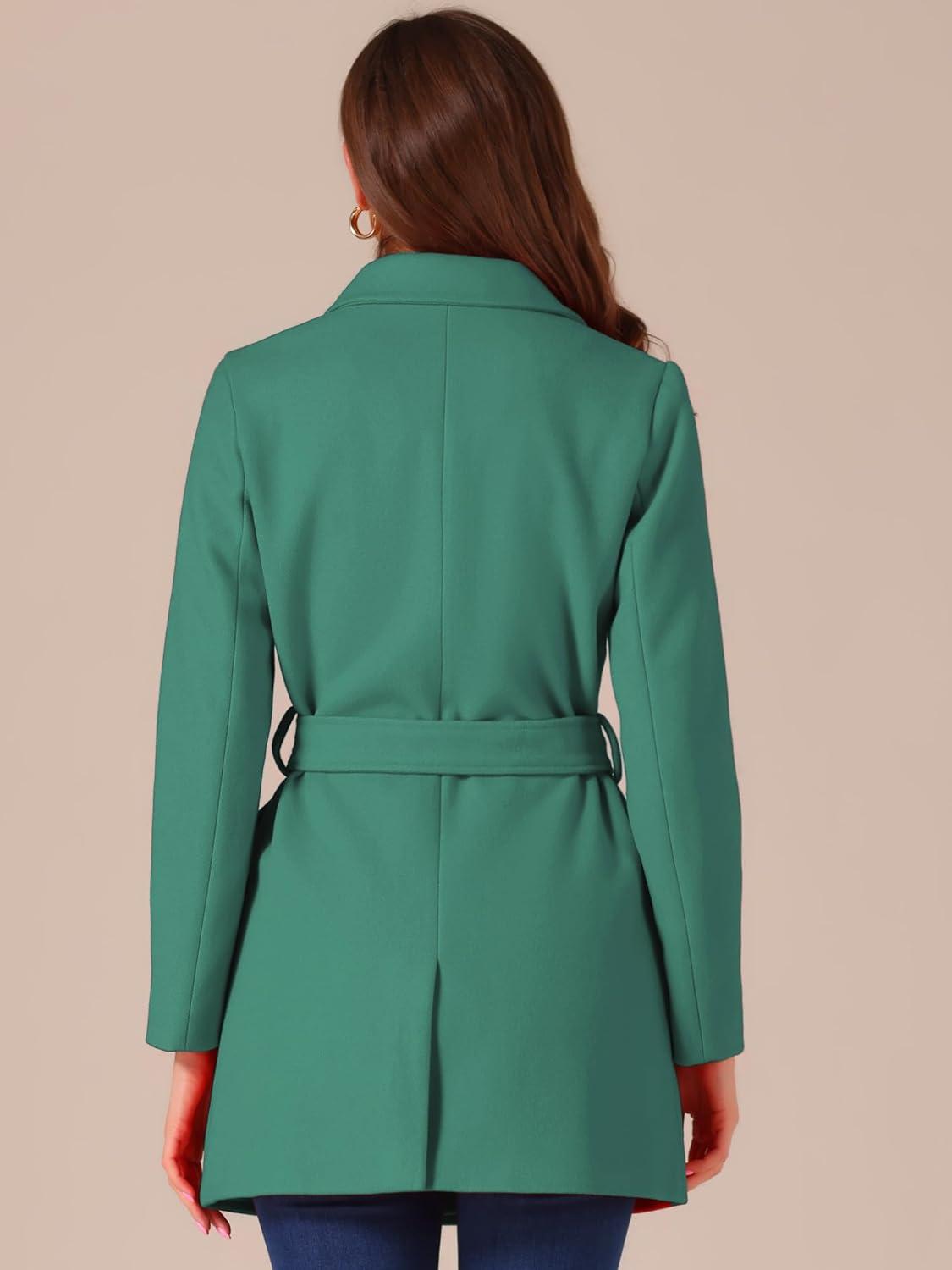 imageAllegra K Womens Notch Lapel Double Breasted Belted Mid Long Outwear Winter CoatGreen