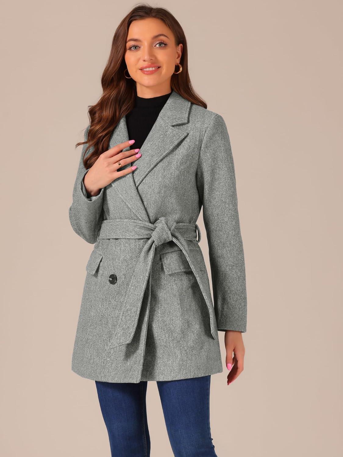 imageAllegra K Womens Notch Lapel Double Breasted Belted Mid Long Outwear Winter CoatGrey