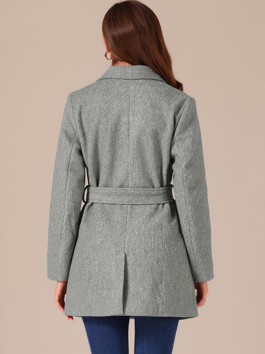 imageAllegra K Womens Notch Lapel Double Breasted Belted Mid Long Outwear Winter CoatGrey