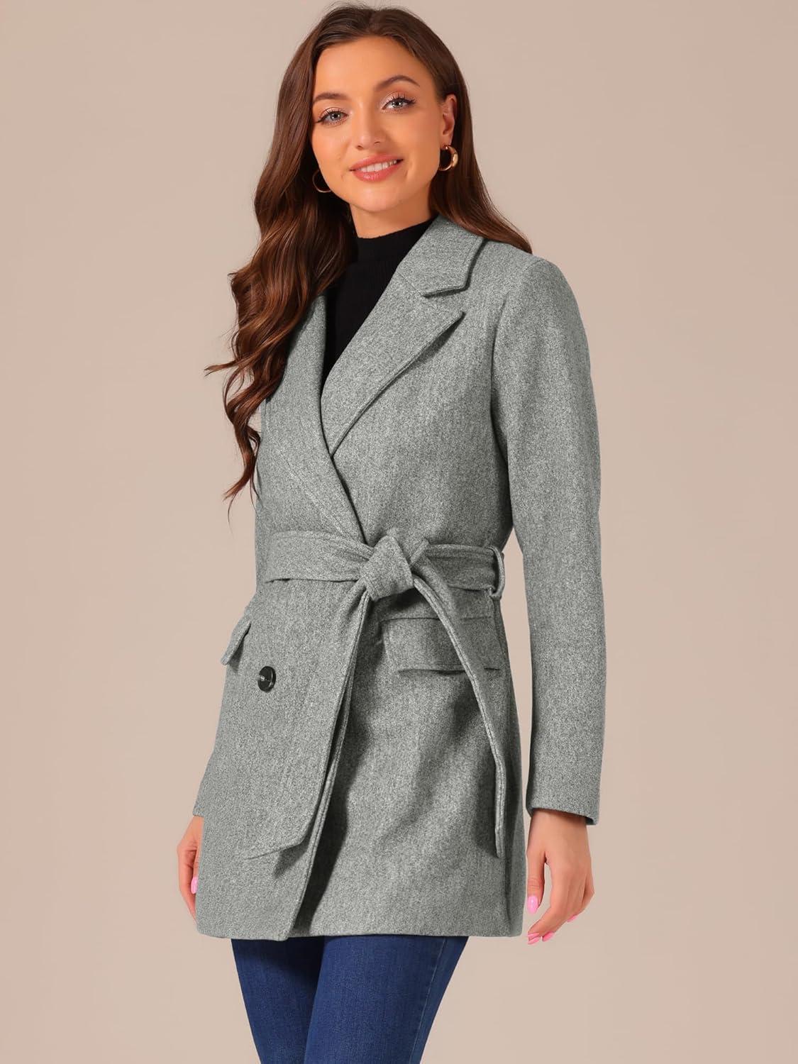 imageAllegra K Womens Notch Lapel Double Breasted Belted Mid Long Outwear Winter CoatGrey