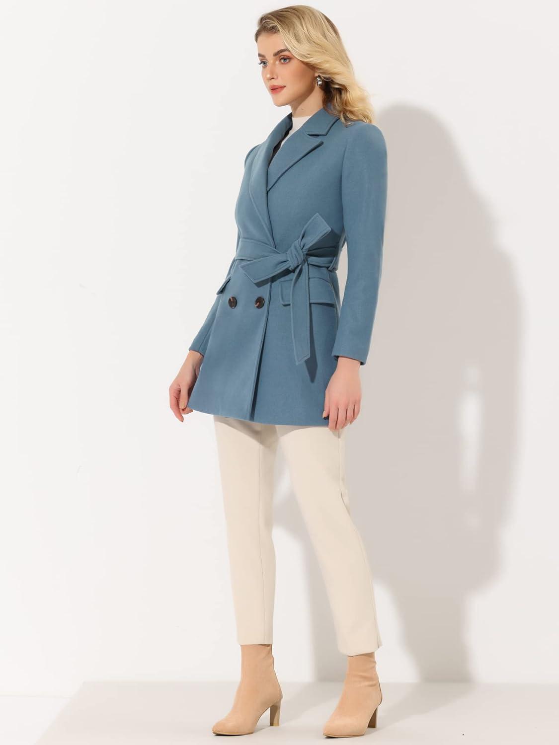 imageAllegra K Womens Notch Lapel Double Breasted Belted Mid Long Outwear Winter CoatGrey Blue