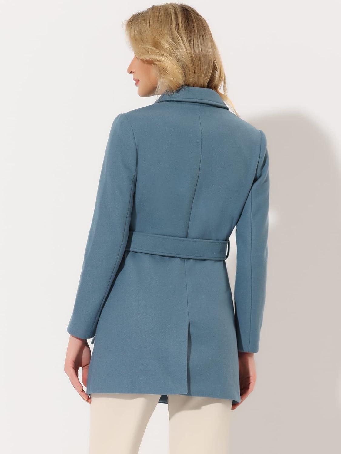 imageAllegra K Womens Notch Lapel Double Breasted Belted Mid Long Outwear Winter CoatGrey Blue