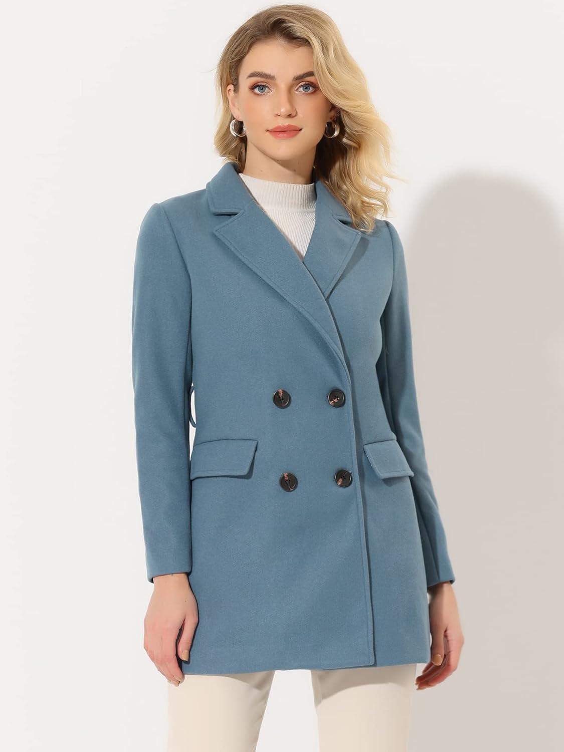 imageAllegra K Womens Notch Lapel Double Breasted Belted Mid Long Outwear Winter CoatGrey Blue