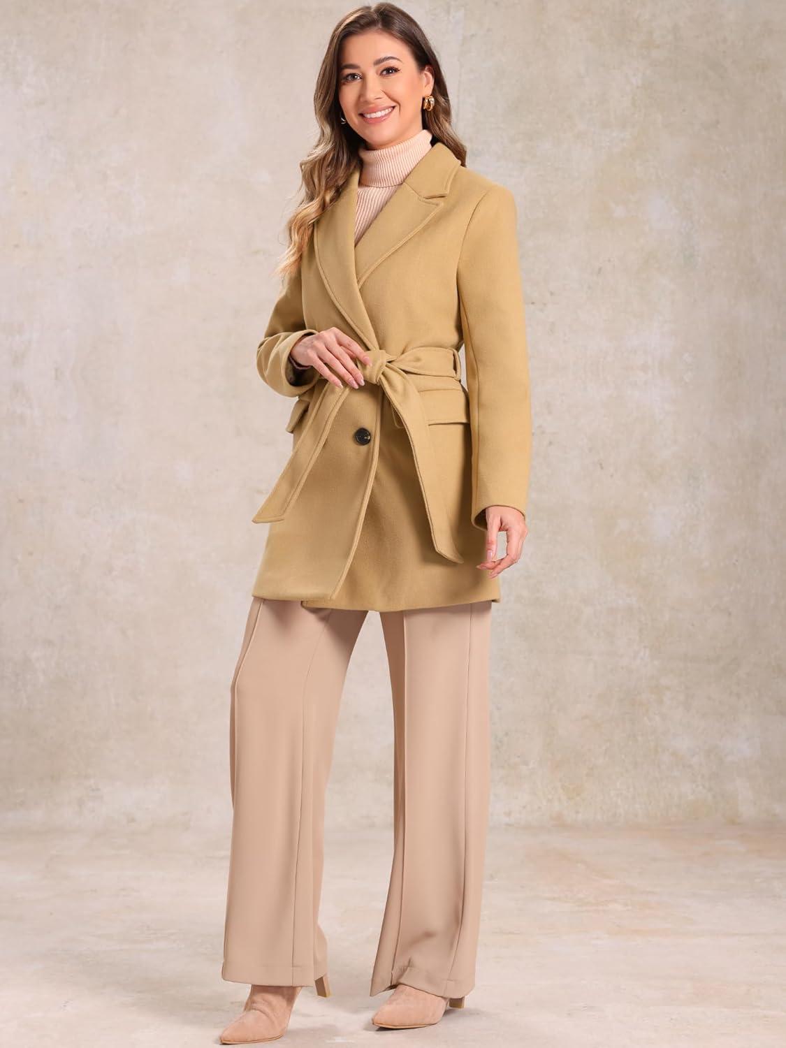 imageAllegra K Womens Notch Lapel Double Breasted Belted Mid Long Outwear Winter CoatKhaki