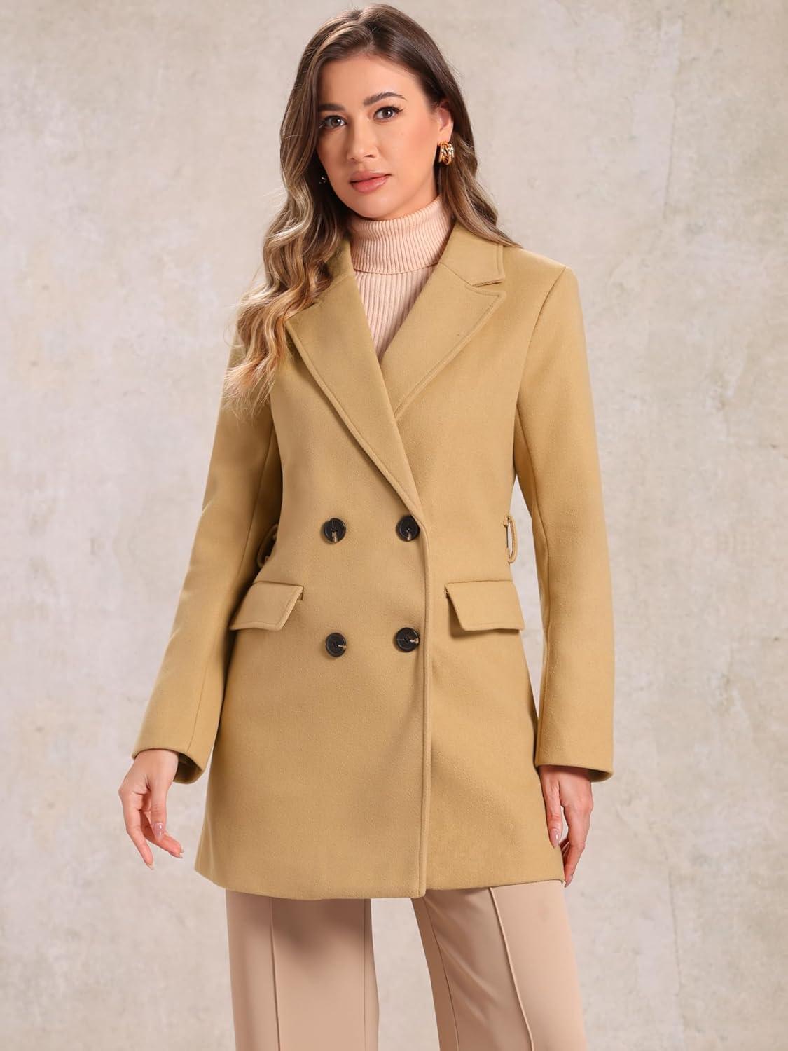 imageAllegra K Womens Notch Lapel Double Breasted Belted Mid Long Outwear Winter CoatKhaki