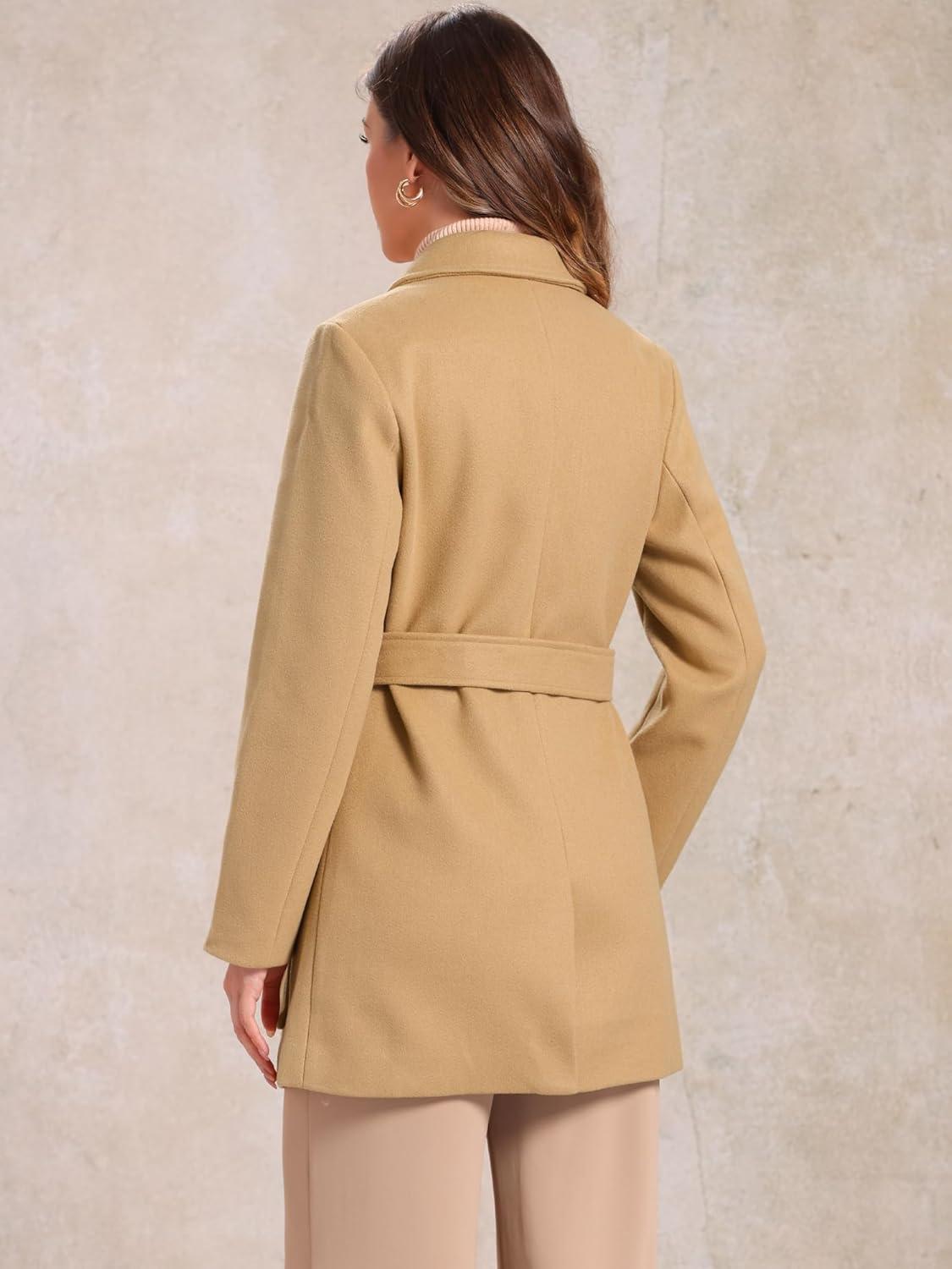 imageAllegra K Womens Notch Lapel Double Breasted Belted Mid Long Outwear Winter CoatKhaki