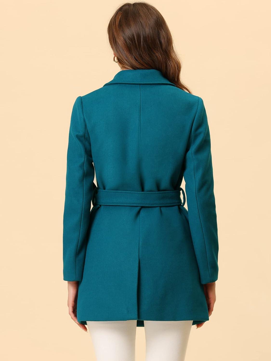 imageAllegra K Womens Notch Lapel Double Breasted Belted Mid Long Outwear Winter CoatLake Blue