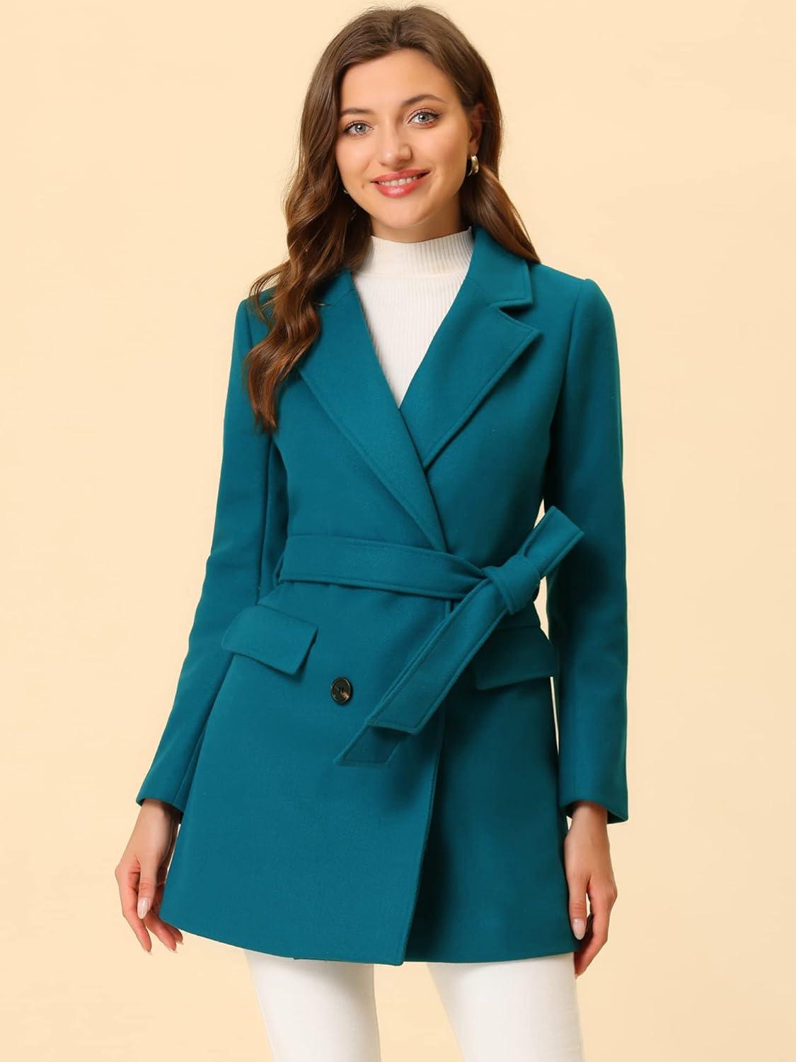 imageAllegra K Womens Notch Lapel Double Breasted Belted Mid Long Outwear Winter CoatLake Blue
