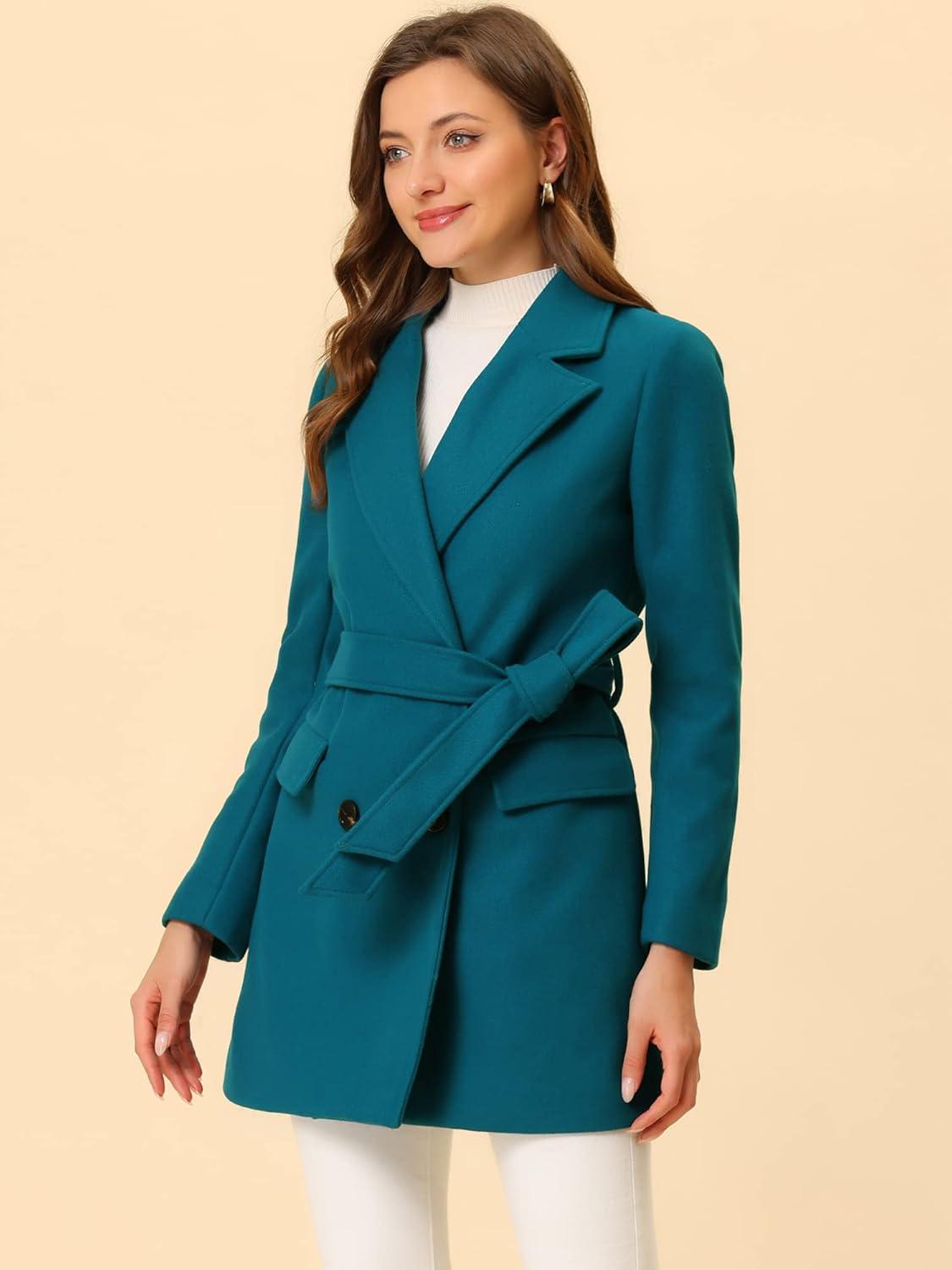 imageAllegra K Womens Notch Lapel Double Breasted Belted Mid Long Outwear Winter CoatLake Blue