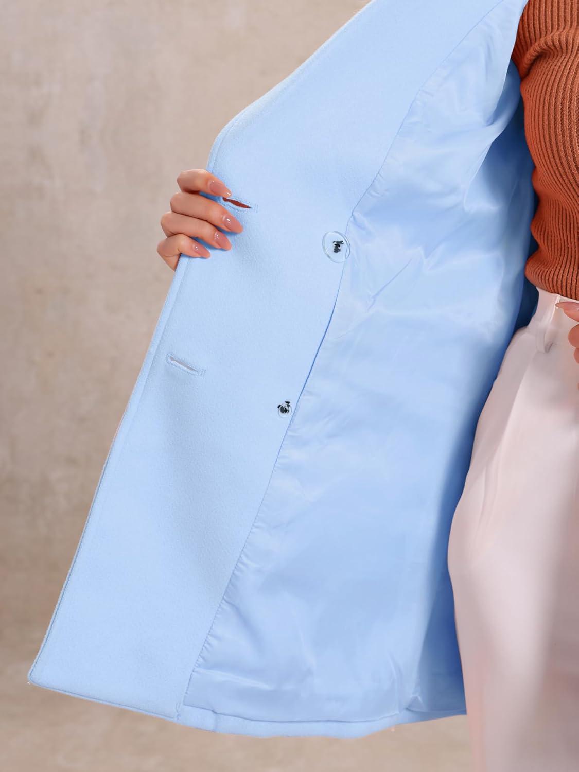 imageAllegra K Womens Notch Lapel Double Breasted Belted Mid Long Outwear Winter CoatLight Blue