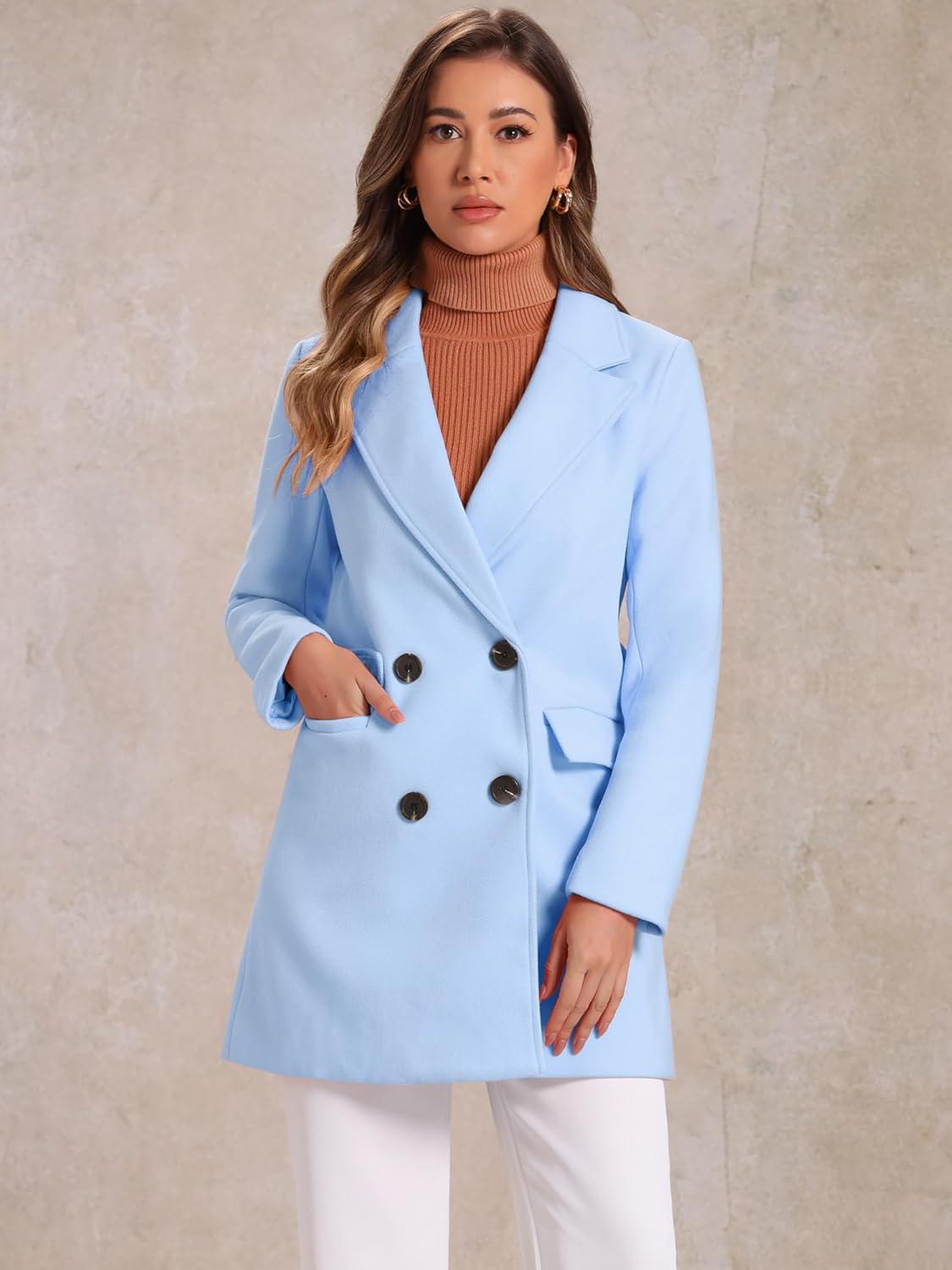 imageAllegra K Womens Notch Lapel Double Breasted Belted Mid Long Outwear Winter CoatLight Blue