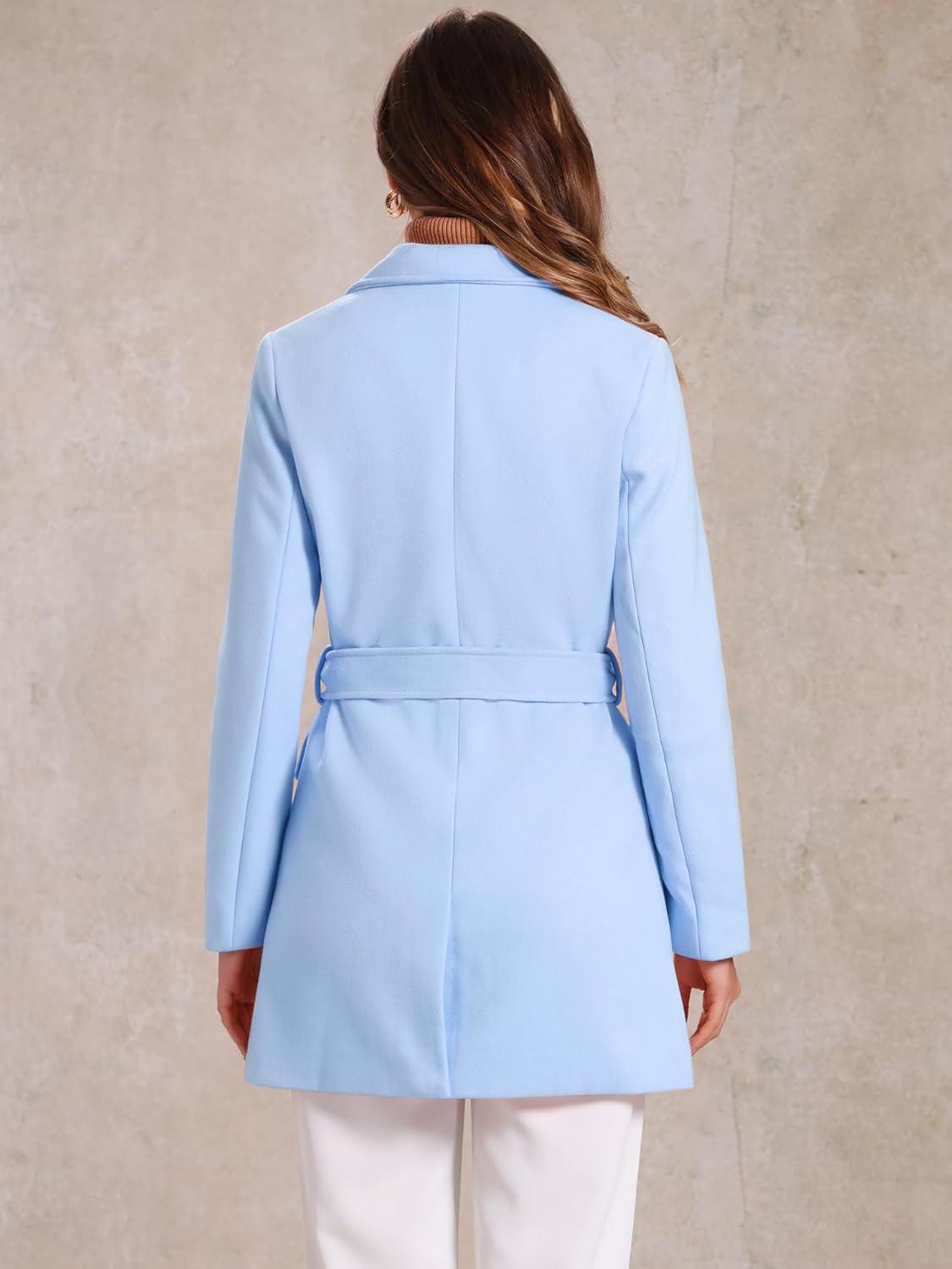 imageAllegra K Womens Notch Lapel Double Breasted Belted Mid Long Outwear Winter CoatLight Blue