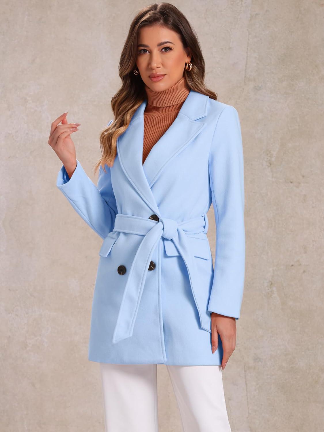imageAllegra K Womens Notch Lapel Double Breasted Belted Mid Long Outwear Winter CoatLight Blue