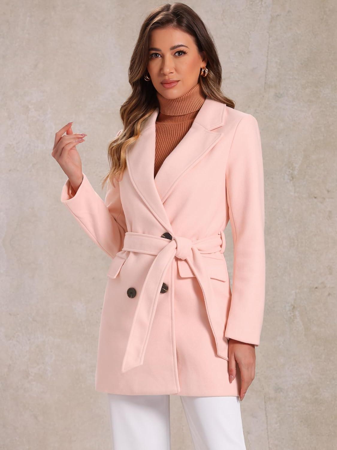 imageAllegra K Womens Notch Lapel Double Breasted Belted Mid Long Outwear Winter CoatLight Pink