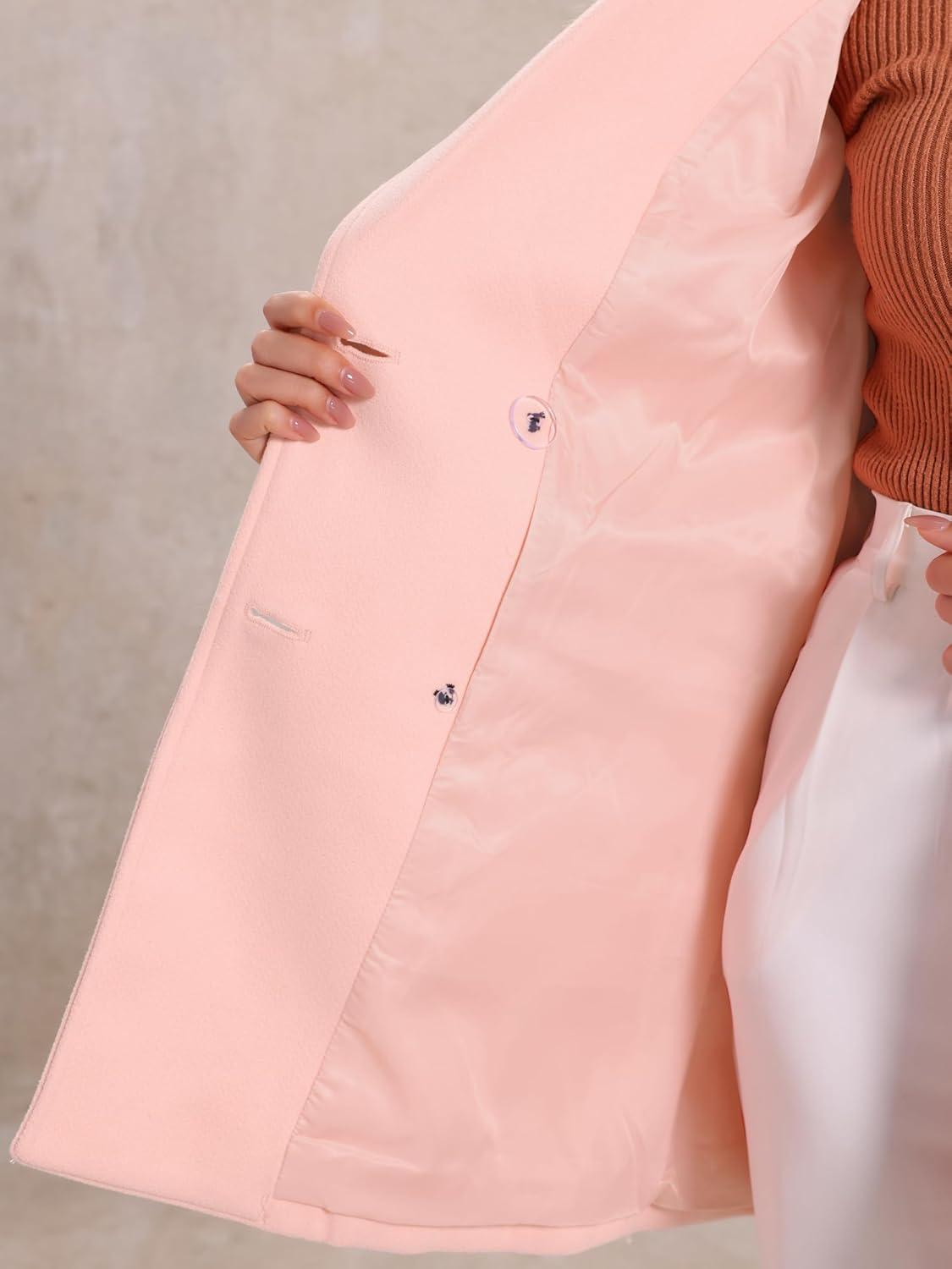 imageAllegra K Womens Notch Lapel Double Breasted Belted Mid Long Outwear Winter CoatLight Pink