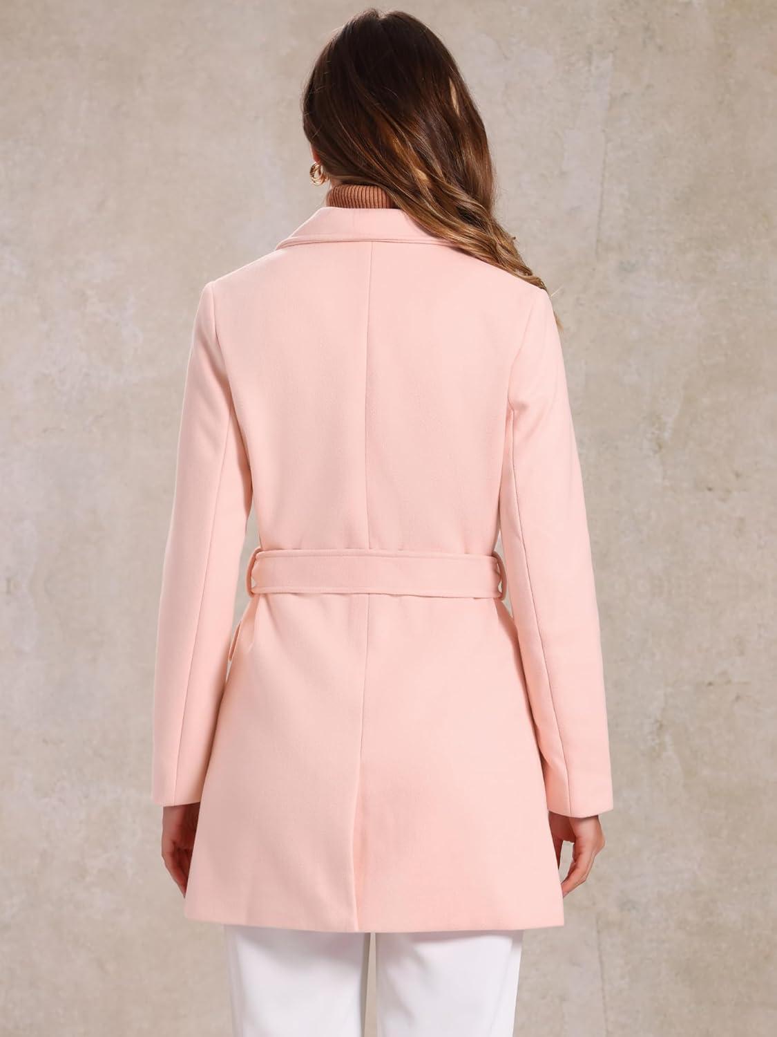 imageAllegra K Womens Notch Lapel Double Breasted Belted Mid Long Outwear Winter CoatLight Pink