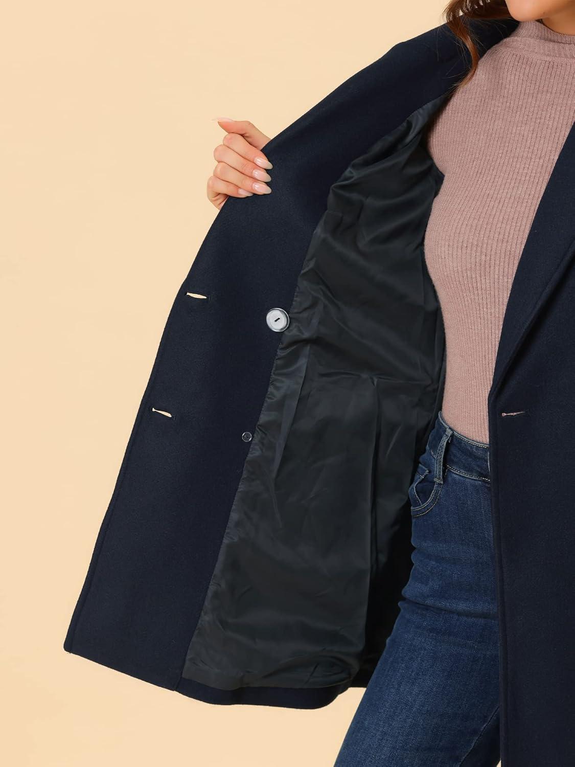 imageAllegra K Womens Notch Lapel Double Breasted Belted Mid Long Outwear Winter CoatNavy Blue