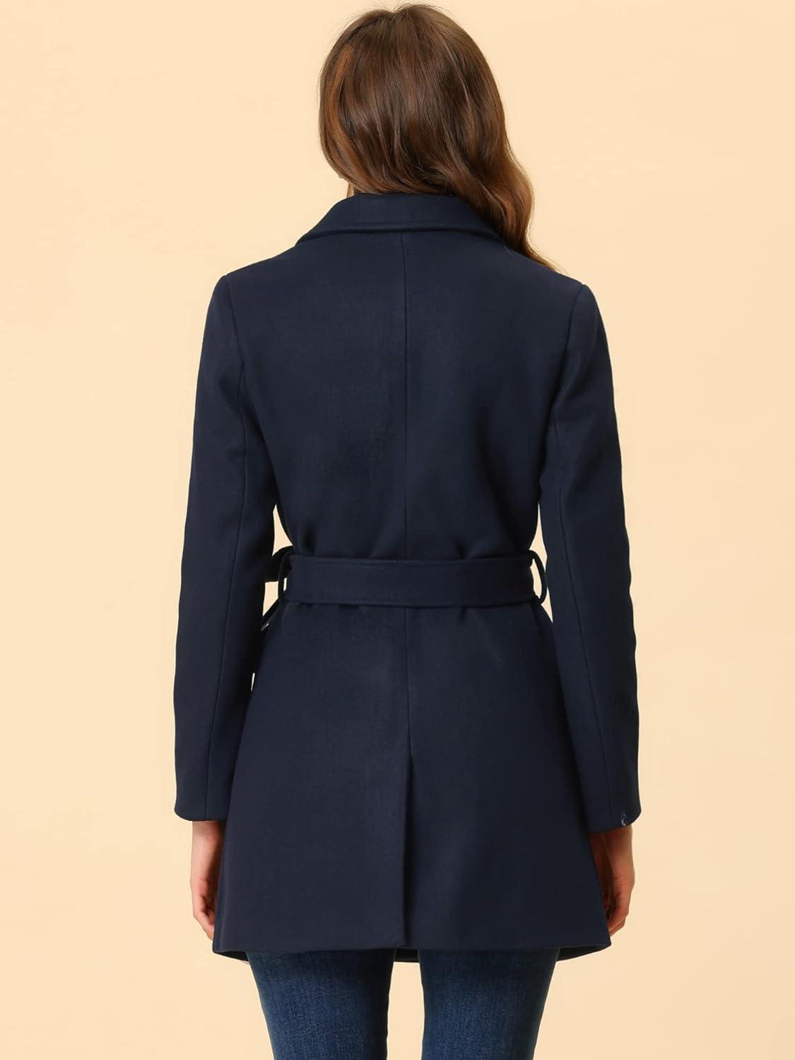 imageAllegra K Womens Notch Lapel Double Breasted Belted Mid Long Outwear Winter CoatNavy Blue