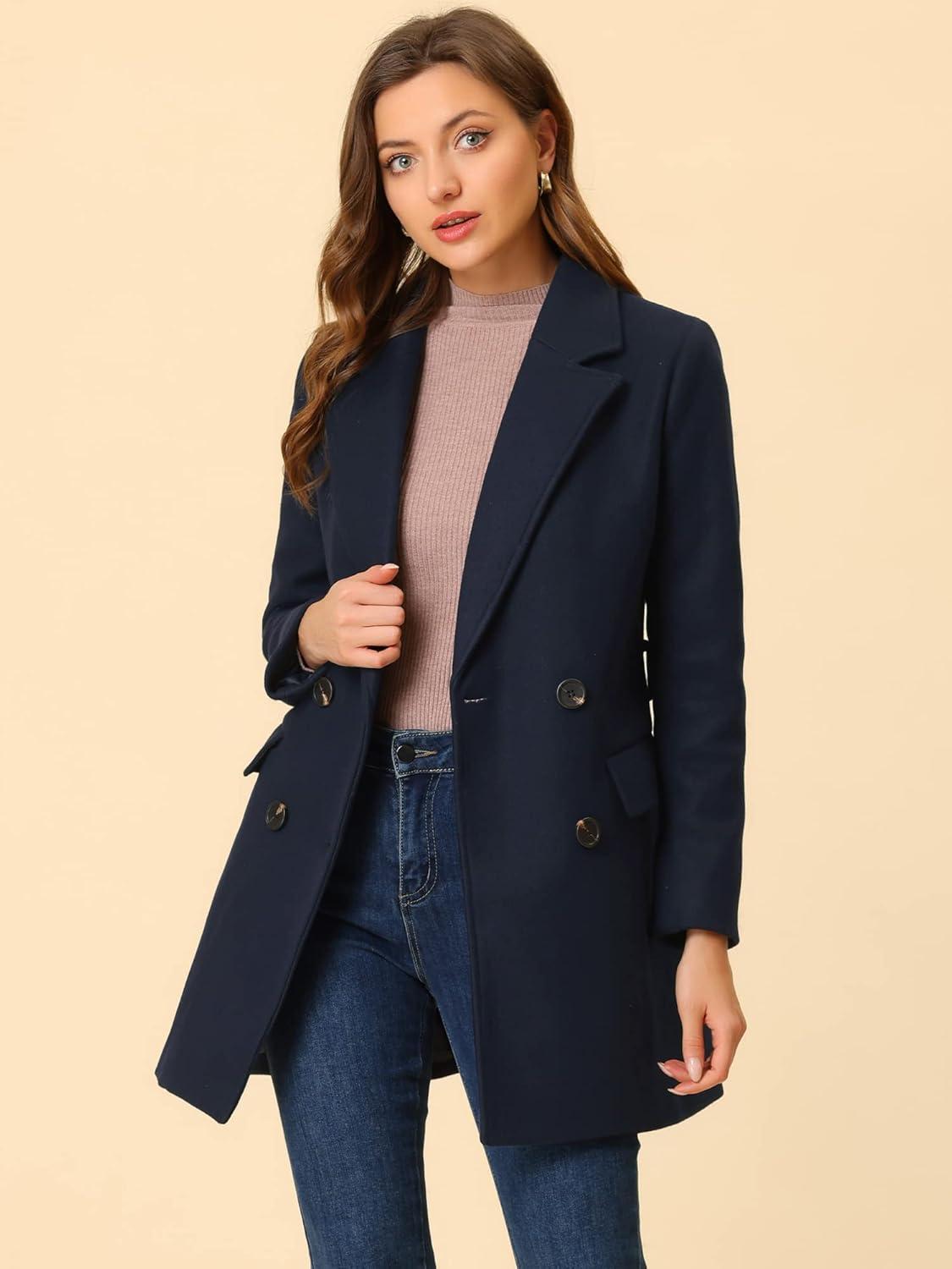 imageAllegra K Womens Notch Lapel Double Breasted Belted Mid Long Outwear Winter CoatNavy Blue