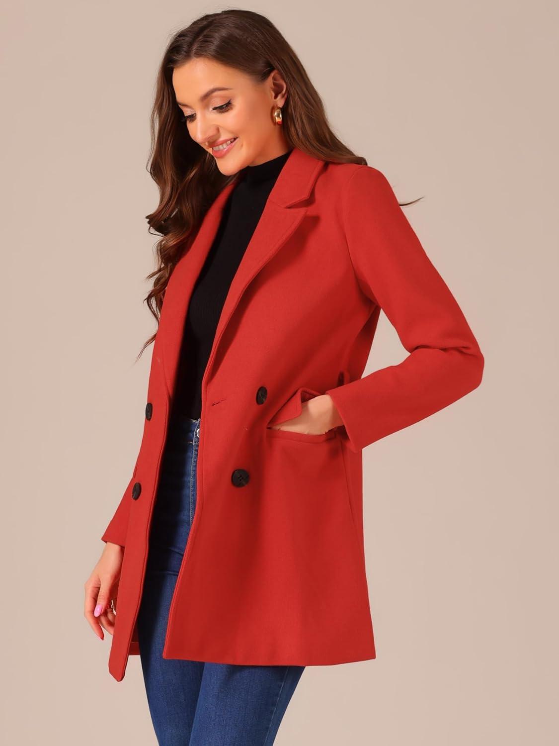 imageAllegra K Womens Notch Lapel Double Breasted Belted Mid Long Outwear Winter CoatRed