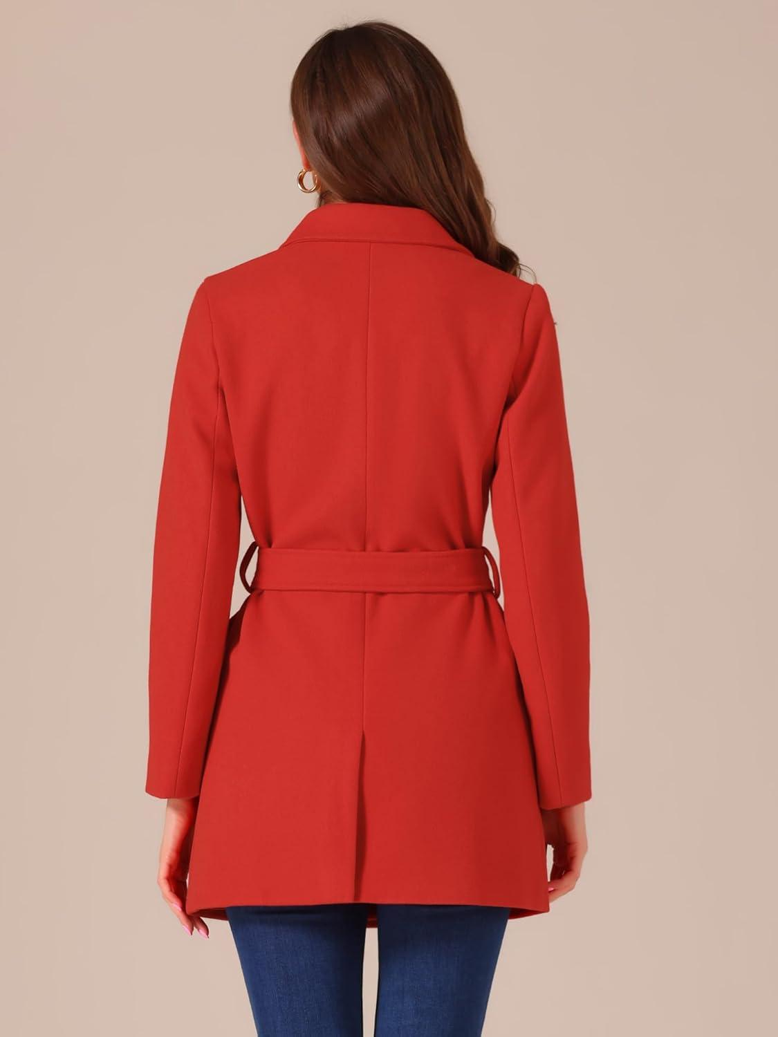 imageAllegra K Womens Notch Lapel Double Breasted Belted Mid Long Outwear Winter CoatRed