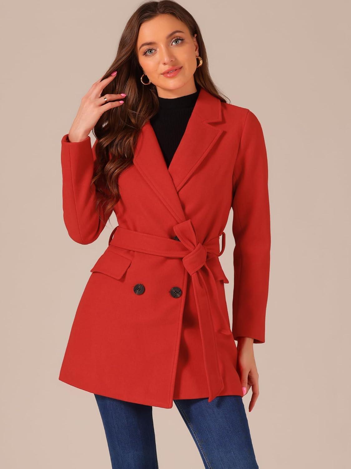imageAllegra K Womens Notch Lapel Double Breasted Belted Mid Long Outwear Winter CoatRed