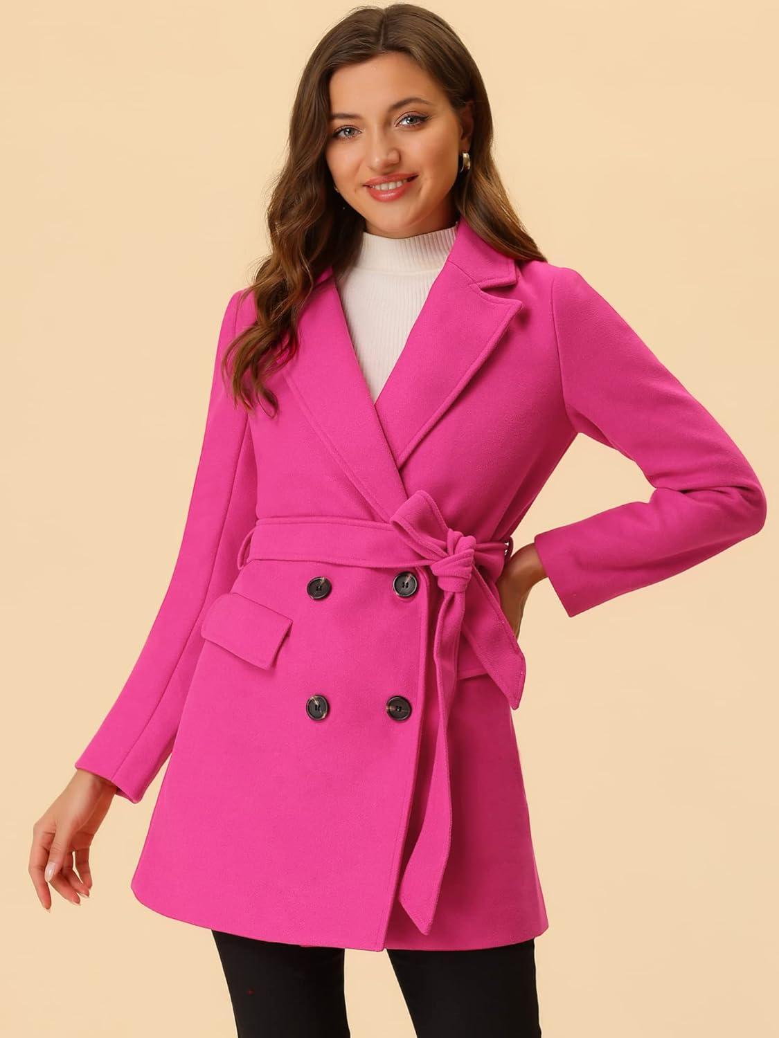 imageAllegra K Womens Notch Lapel Double Breasted Belted Mid Long Outwear Winter CoatRose Red