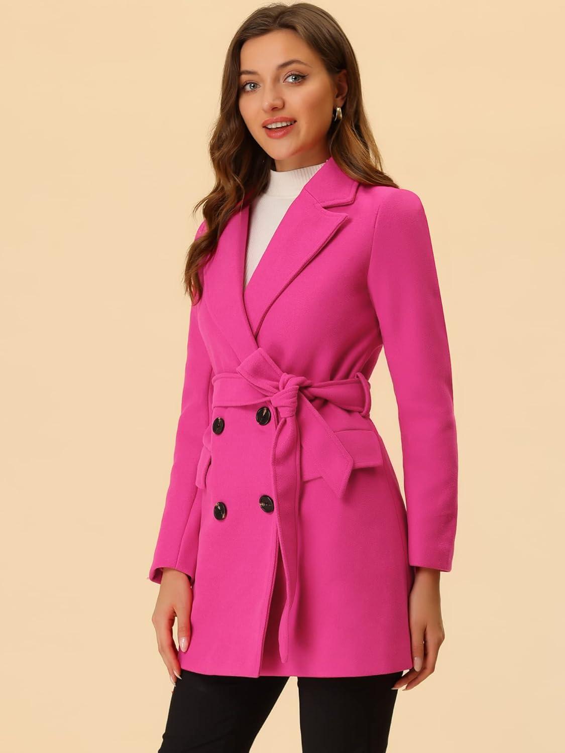 imageAllegra K Womens Notch Lapel Double Breasted Belted Mid Long Outwear Winter CoatRose Red