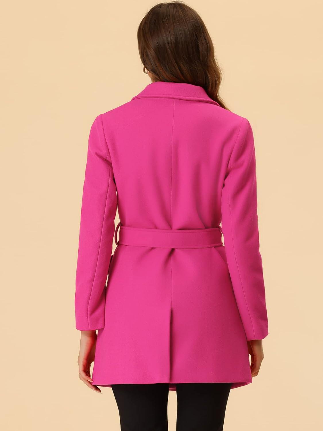 imageAllegra K Womens Notch Lapel Double Breasted Belted Mid Long Outwear Winter CoatRose Red
