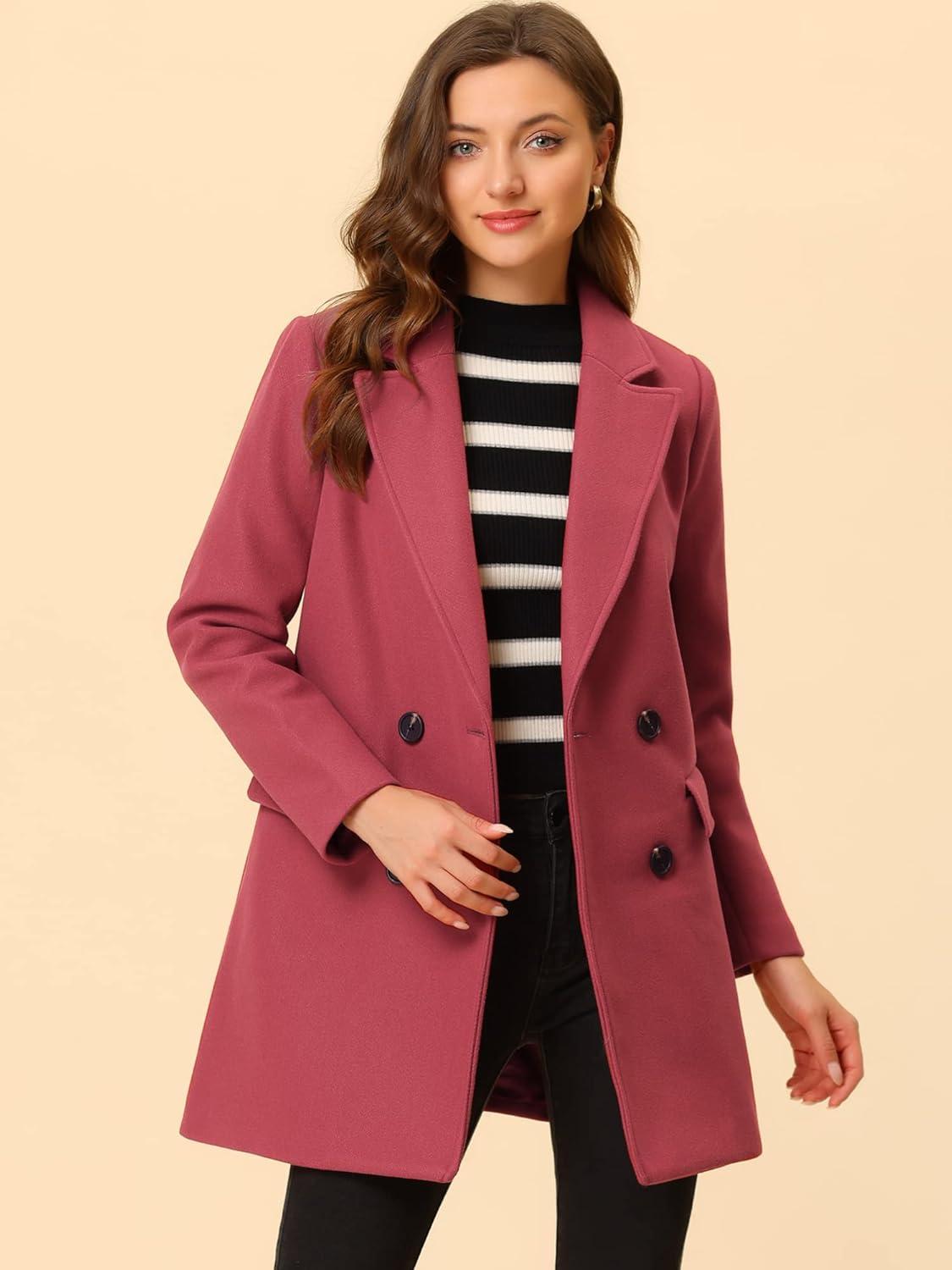 imageAllegra K Womens Notch Lapel Double Breasted Belted Mid Long Outwear Winter CoatWatermelon Red