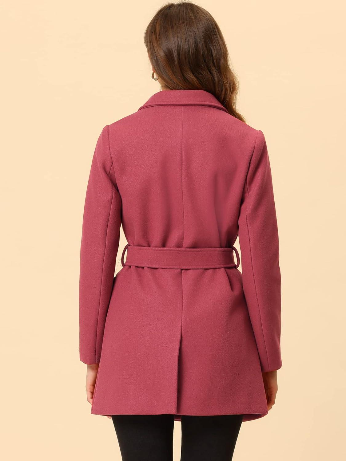 imageAllegra K Womens Notch Lapel Double Breasted Belted Mid Long Outwear Winter CoatWatermelon Red