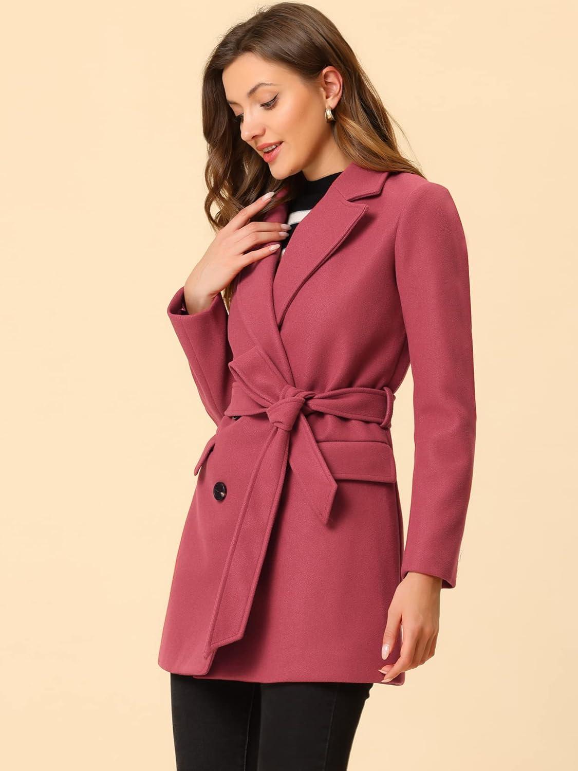 imageAllegra K Womens Notch Lapel Double Breasted Belted Mid Long Outwear Winter CoatWatermelon Red