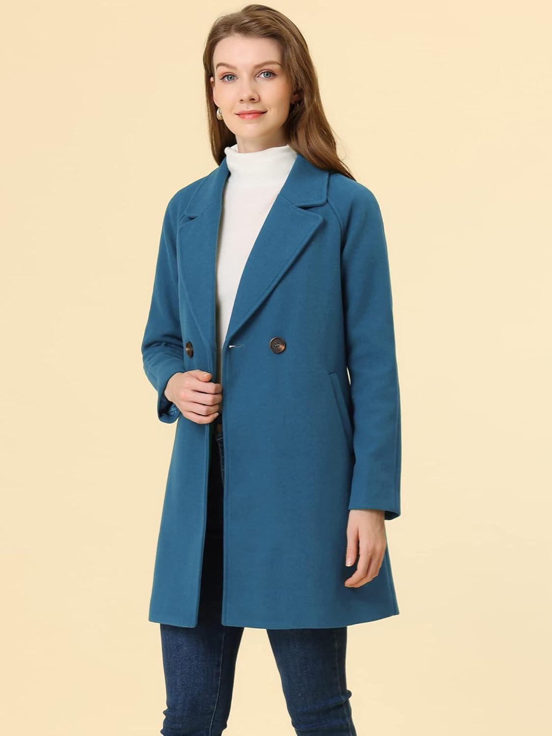 imageAllegra K Womens Notched Lapel Double Breasted Raglan Winter CoatsDark Blue Grey