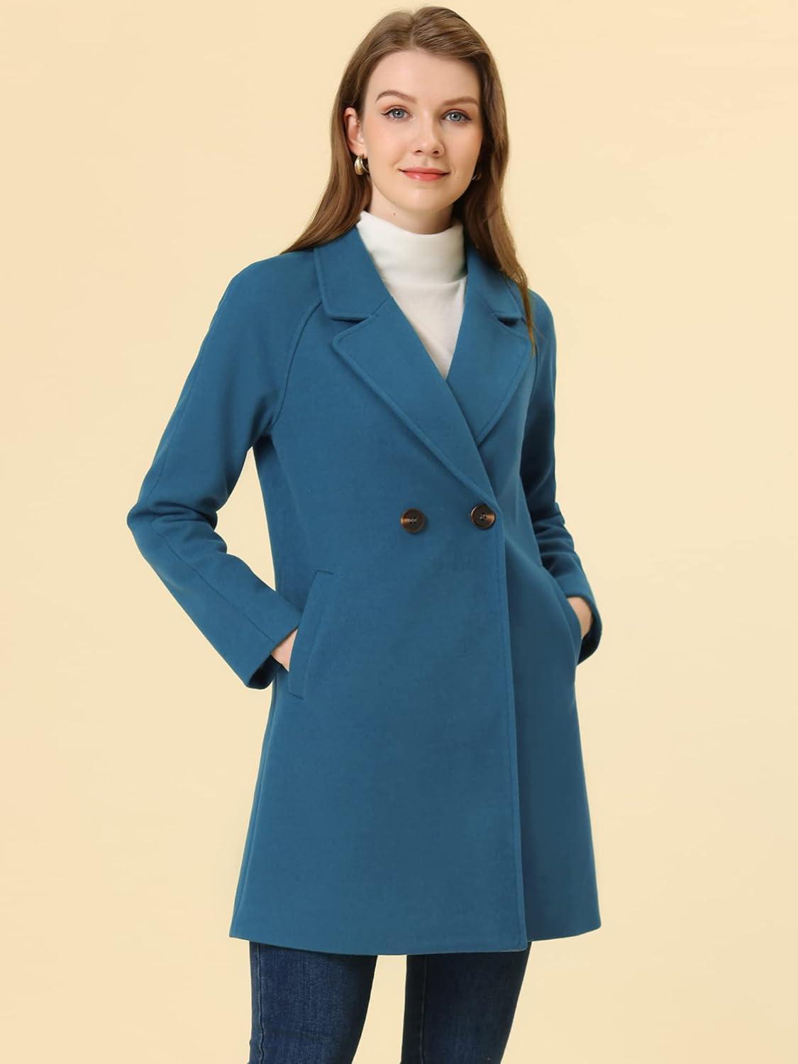 imageAllegra K Womens Notched Lapel Double Breasted Raglan Winter CoatsDark Blue Grey