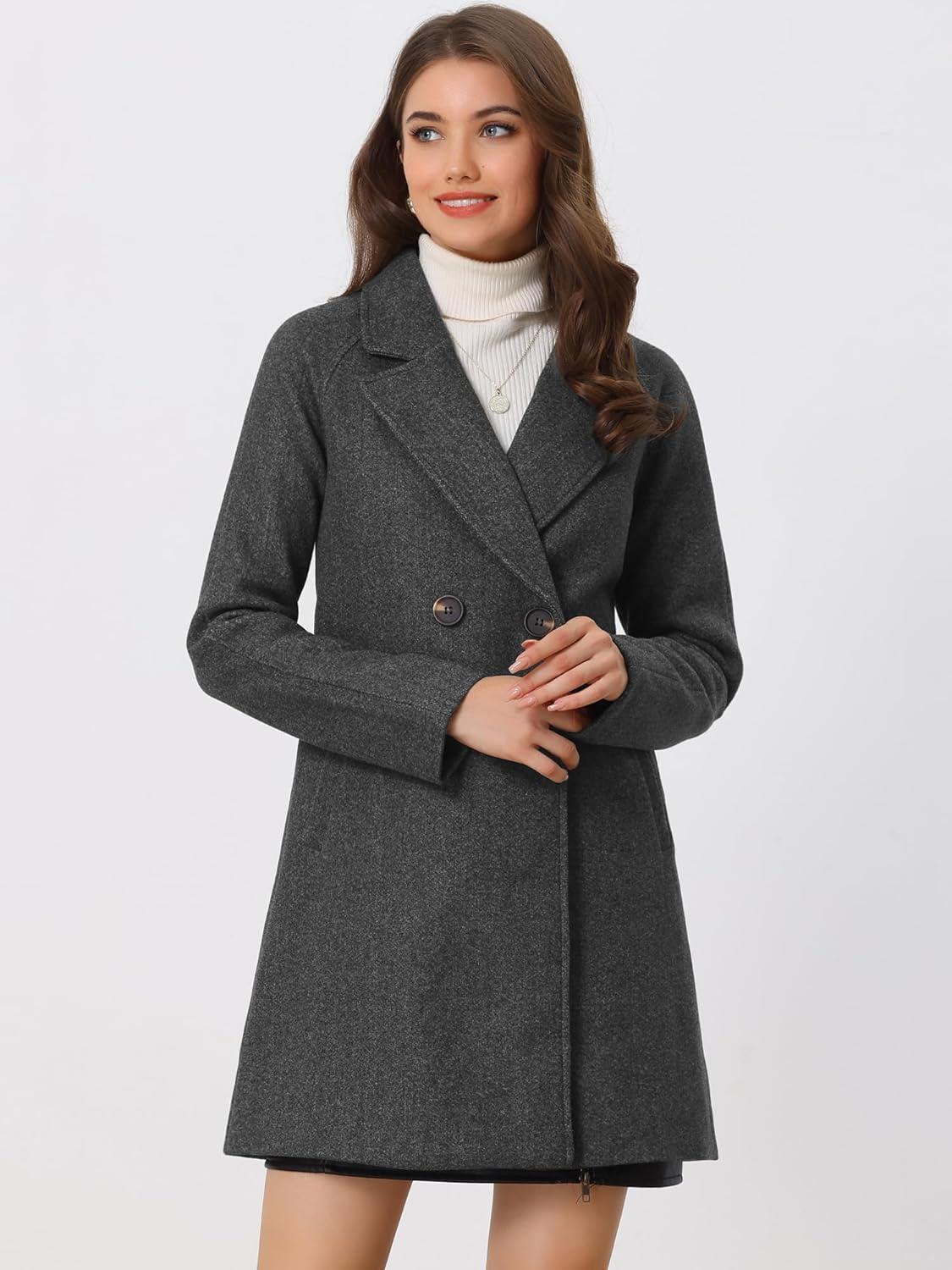 imageAllegra K Womens Notched Lapel Double Breasted Raglan Winter CoatsDark Grey