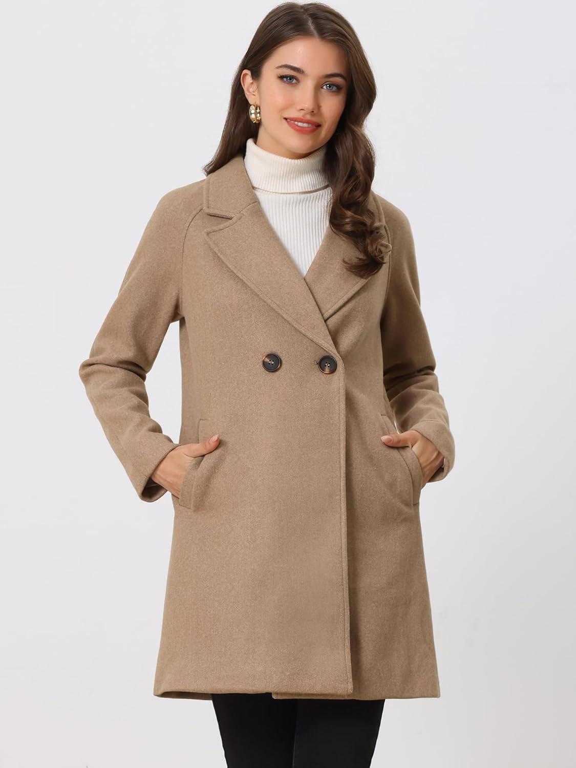imageAllegra K Womens Notched Lapel Double Breasted Raglan Winter CoatsDark Khaki