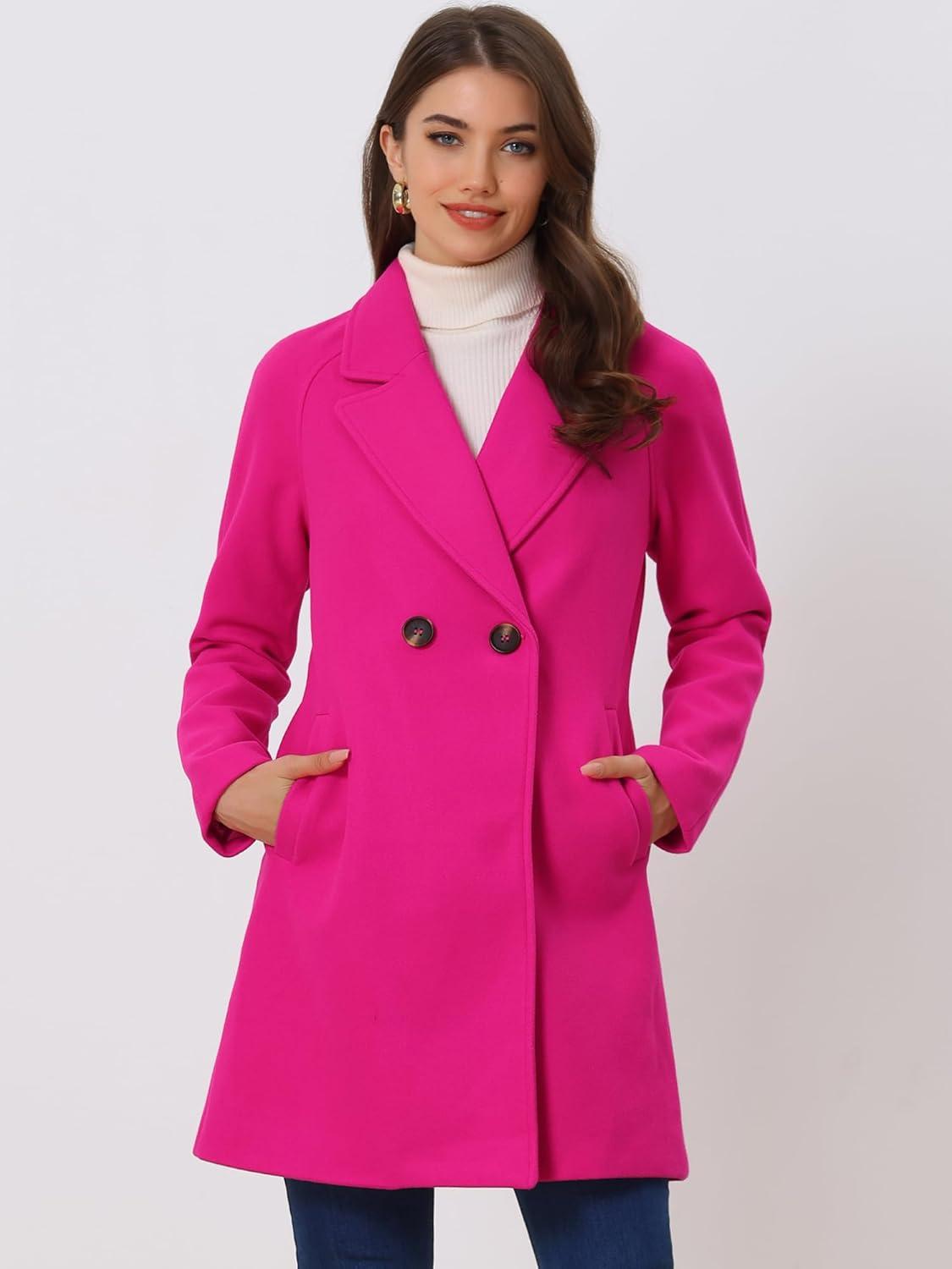 imageAllegra K Womens Notched Lapel Double Breasted Raglan Winter CoatsHot Pink