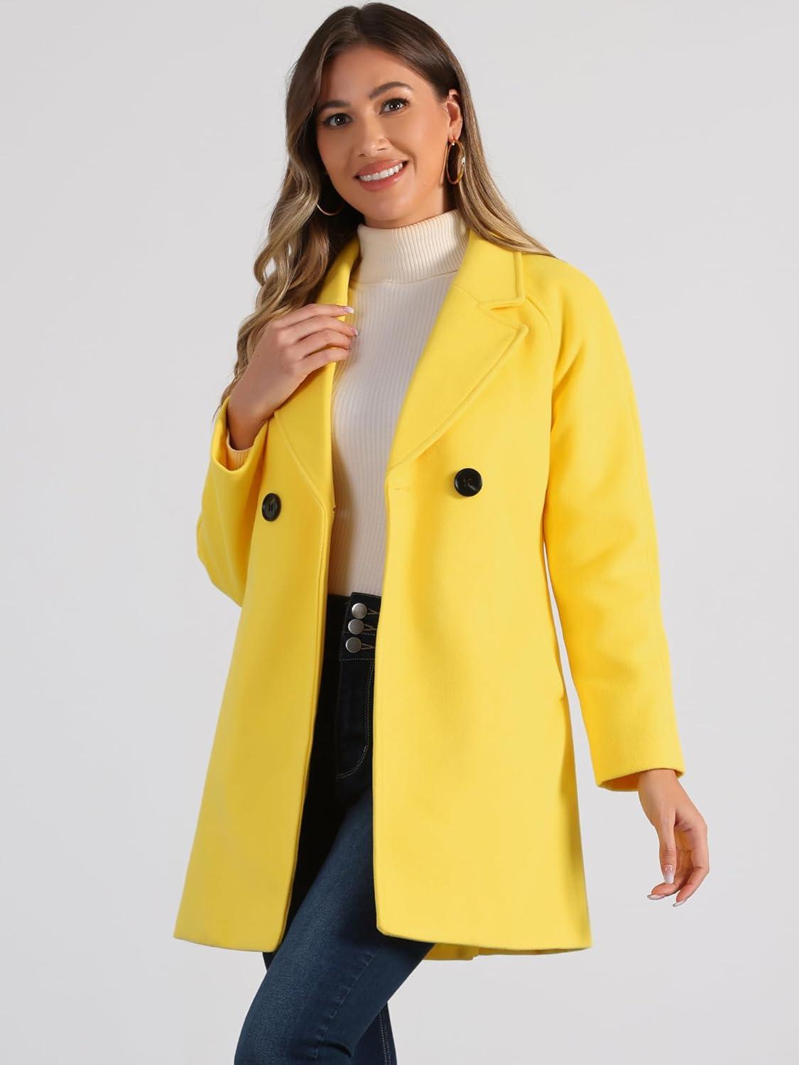 imageAllegra K Womens Notched Lapel Double Breasted Raglan Winter CoatsYellow