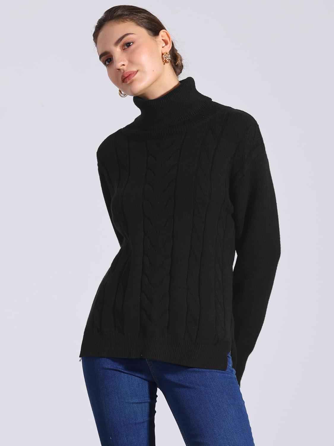 imageAllegra K Womens Oversized Sweaters Turtleneck Spilt Hem Cable Knit Pullover TopsBlack