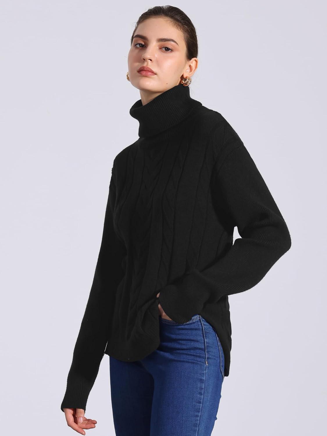 imageAllegra K Womens Oversized Sweaters Turtleneck Spilt Hem Cable Knit Pullover TopsBlack