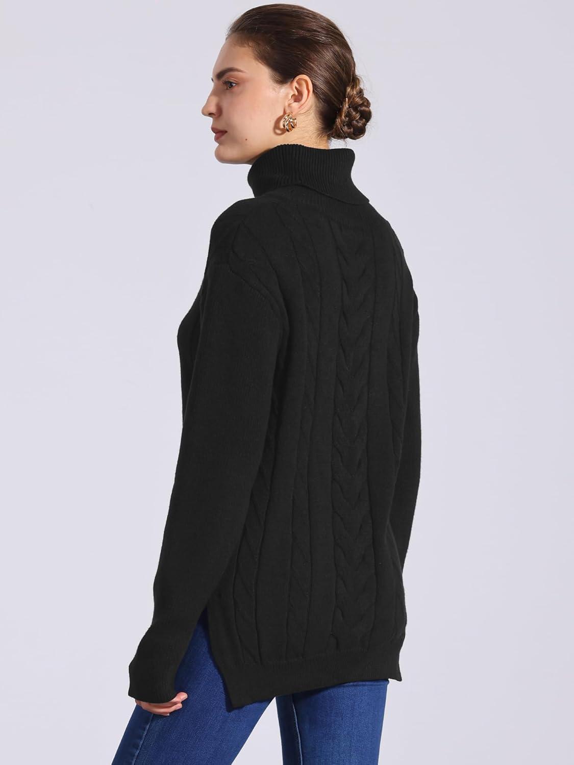 imageAllegra K Womens Oversized Sweaters Turtleneck Spilt Hem Cable Knit Pullover TopsBlack