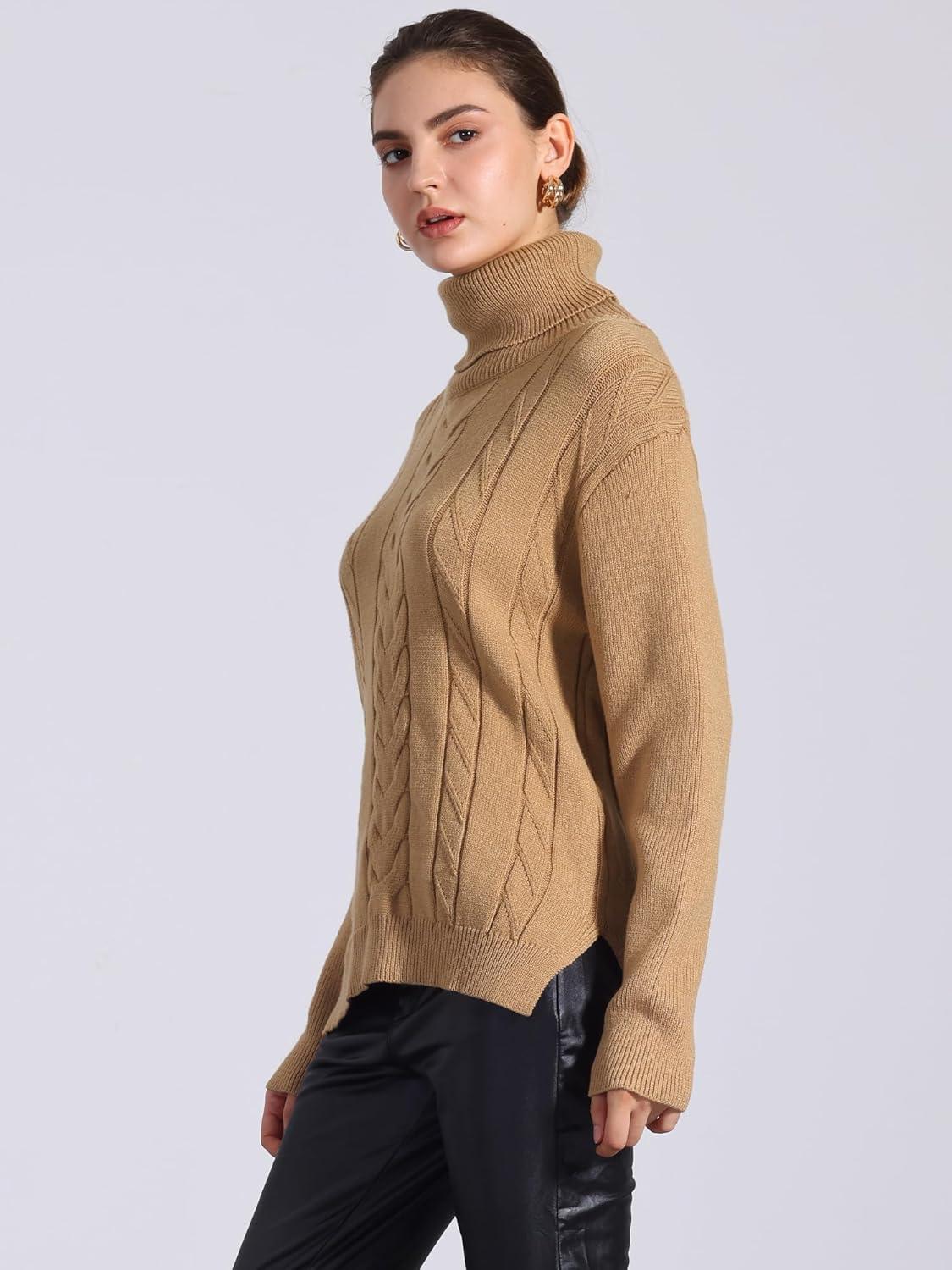 imageAllegra K Womens Oversized Sweaters Turtleneck Spilt Hem Cable Knit Pullover TopsBrown