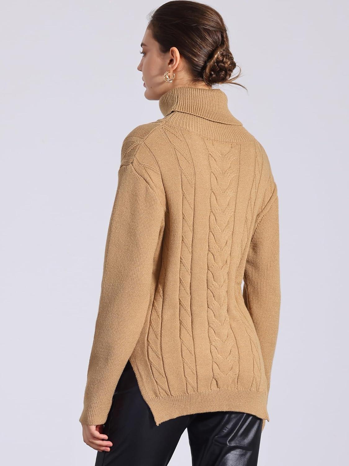imageAllegra K Womens Oversized Sweaters Turtleneck Spilt Hem Cable Knit Pullover TopsBrown