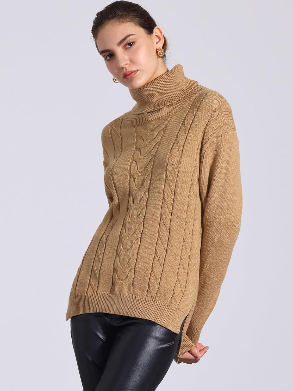 imageAllegra K Womens Oversized Sweaters Turtleneck Spilt Hem Cable Knit Pullover TopsBrown