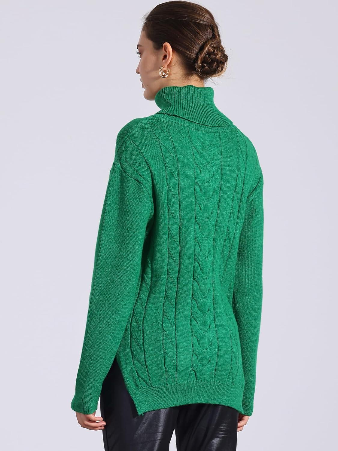 imageAllegra K Womens Oversized Sweaters Turtleneck Spilt Hem Cable Knit Pullover TopsGreen