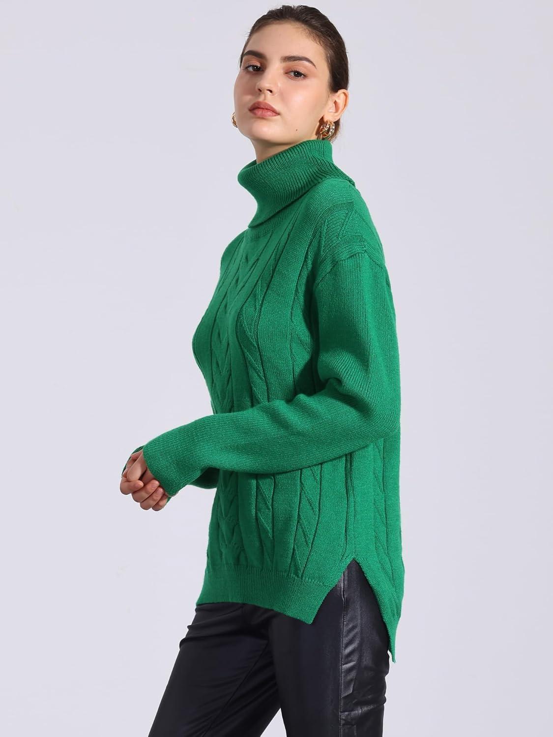 imageAllegra K Womens Oversized Sweaters Turtleneck Spilt Hem Cable Knit Pullover TopsGreen