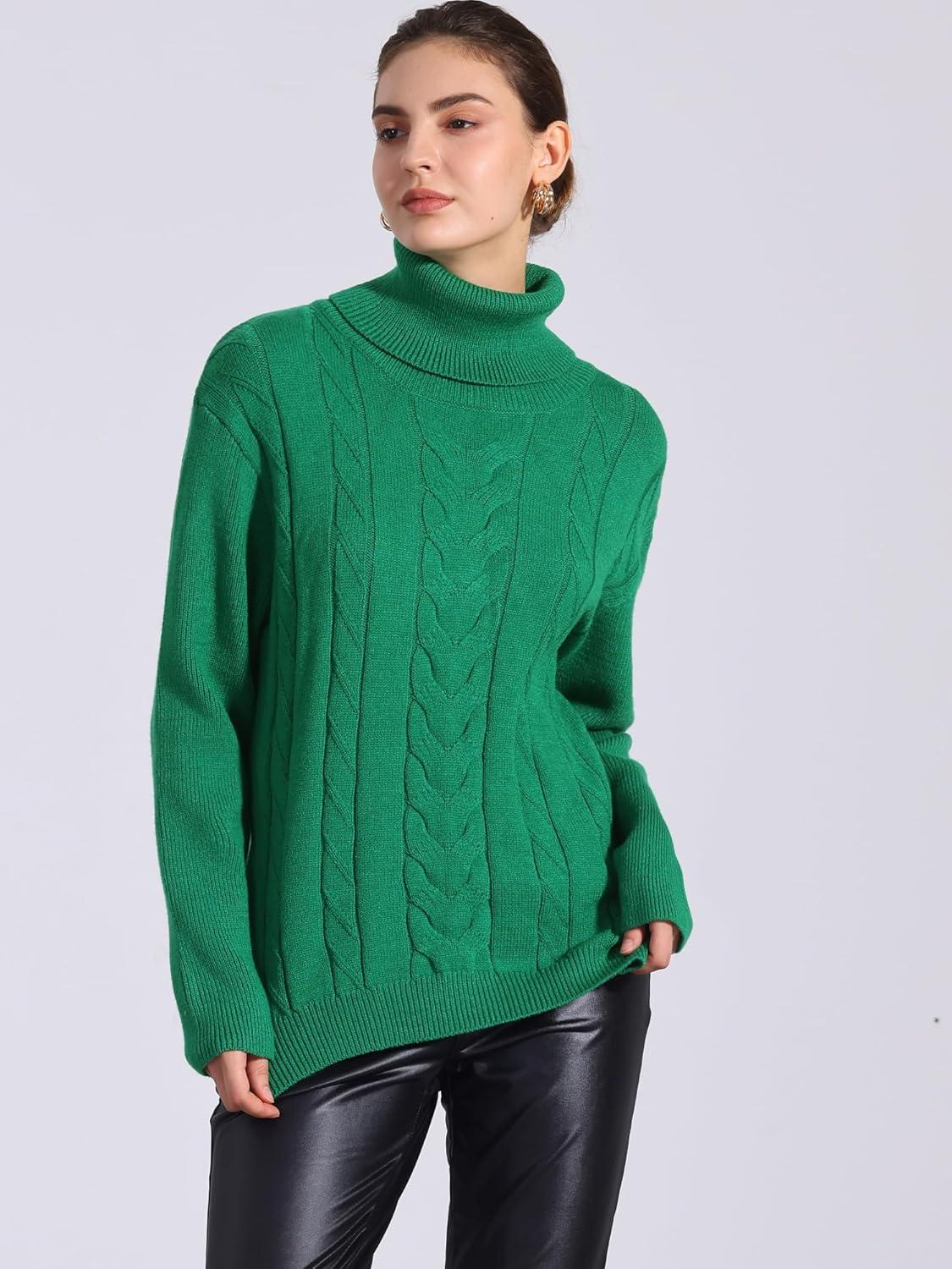 imageAllegra K Womens Oversized Sweaters Turtleneck Spilt Hem Cable Knit Pullover TopsGreen